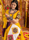Mustard Yellow Mirror Work and Thread Embroidered Viscose Cotton Chaniya Choli for Garba with Dupatta