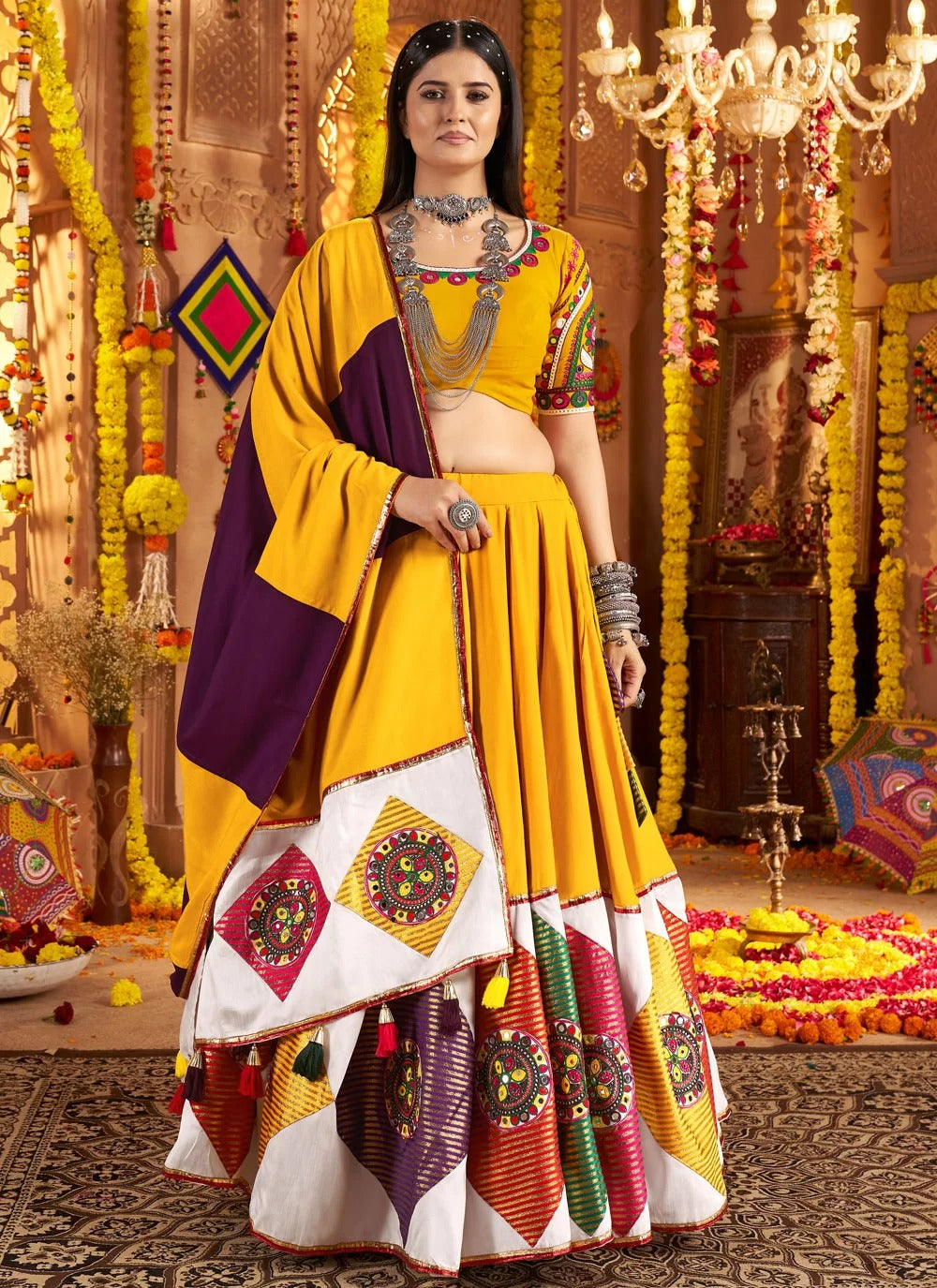 Mustard Yellow Mirror Work and Thread Embroidered Viscose Cotton Chaniya Choli for Garba with Dupatta