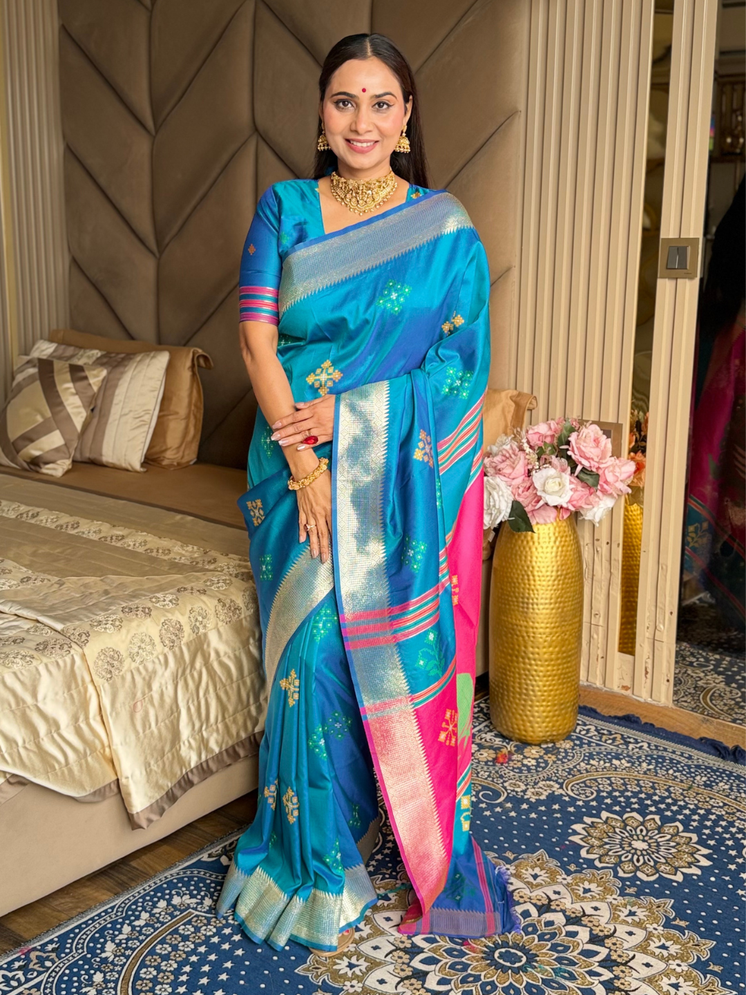 Rama Soft Silk Ikkat Patola Saree with Meenakari Motifs Peacock Pallu and Gold Zari Border