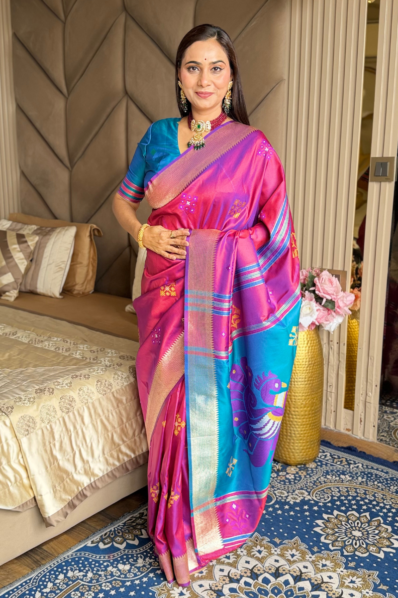 Wine Soft Silk Ikkat Patola Saree with Meenakari Motifs Peacock Pallu and Gold Zari Border