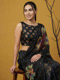 designer fendy satin saree with vibrant floral patterns and piping border