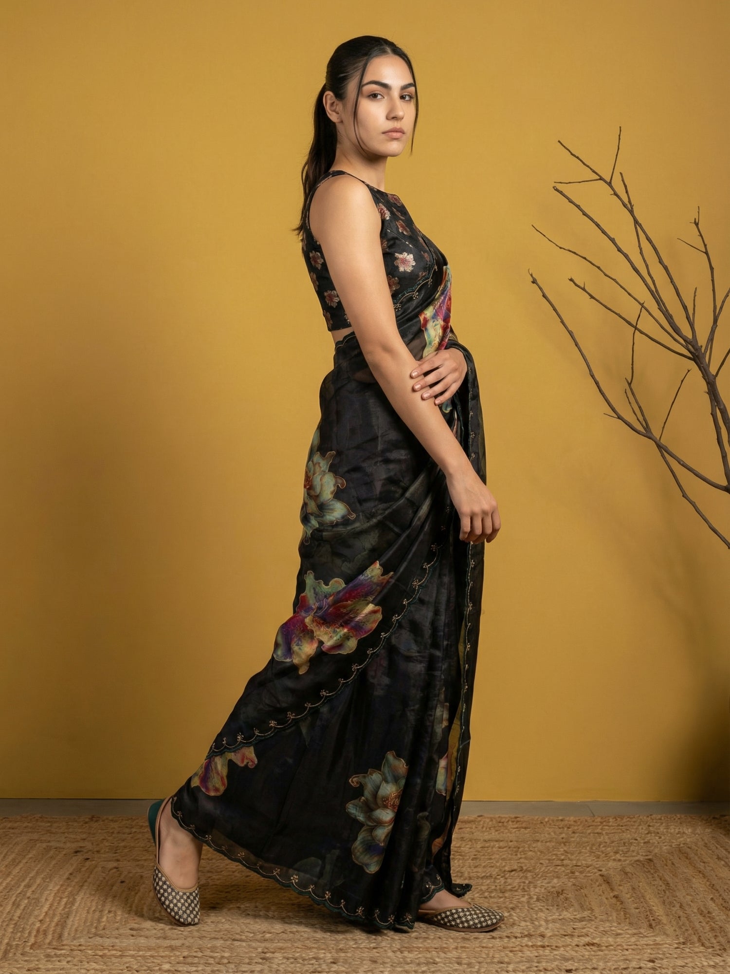 festive satin saree with embroidery work and soft flowing drape