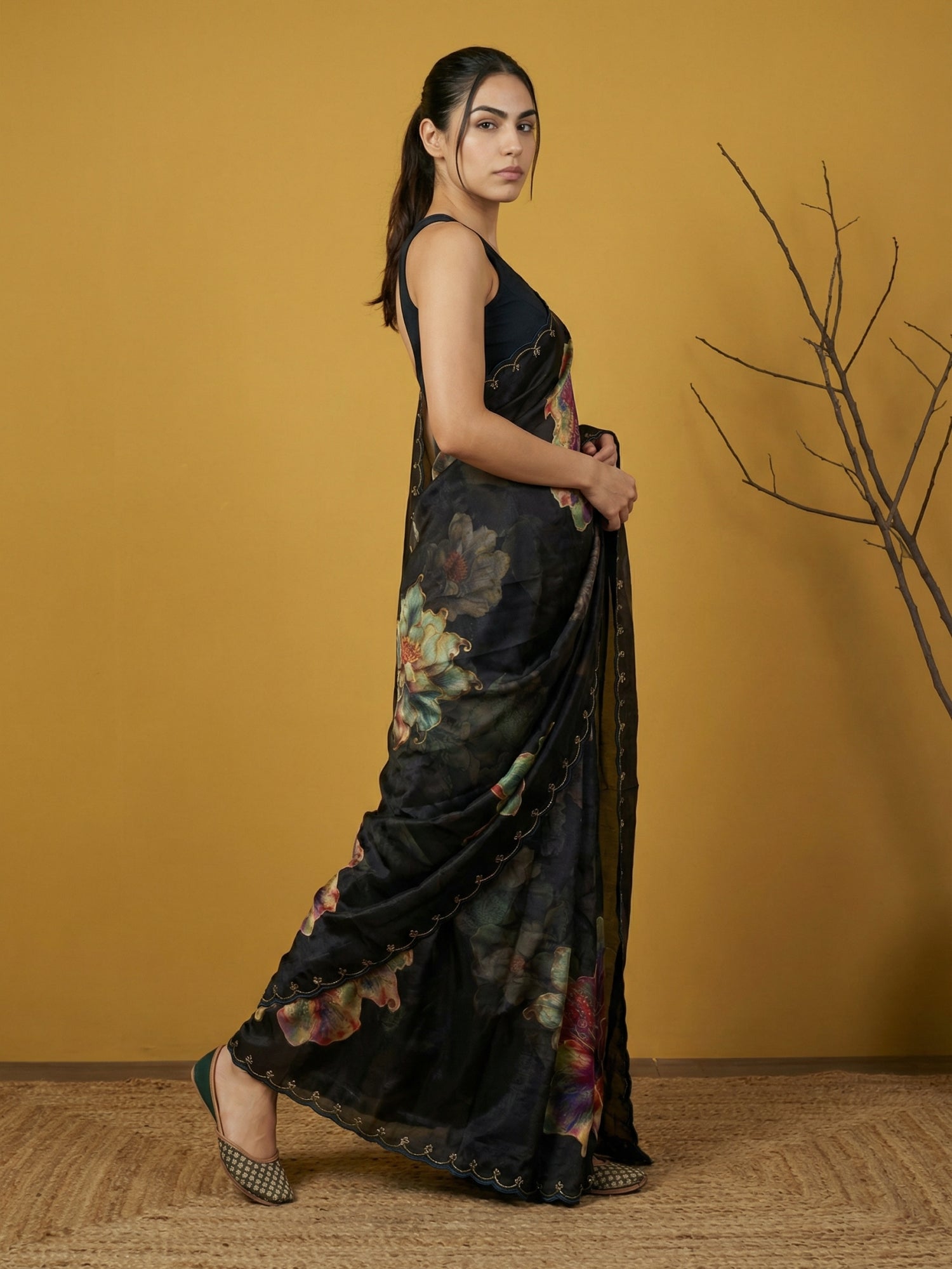 traditional satin saree with floral print and handcrafted border finish