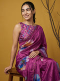 designer satin saree in dark pink with vibrant floral patterns