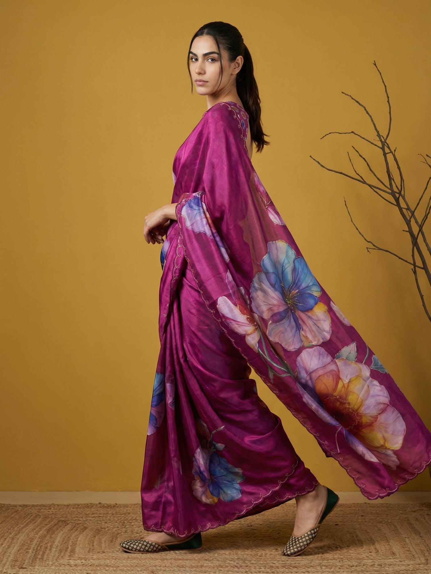 festive wear saree with smooth satin fabric and handcrafted border