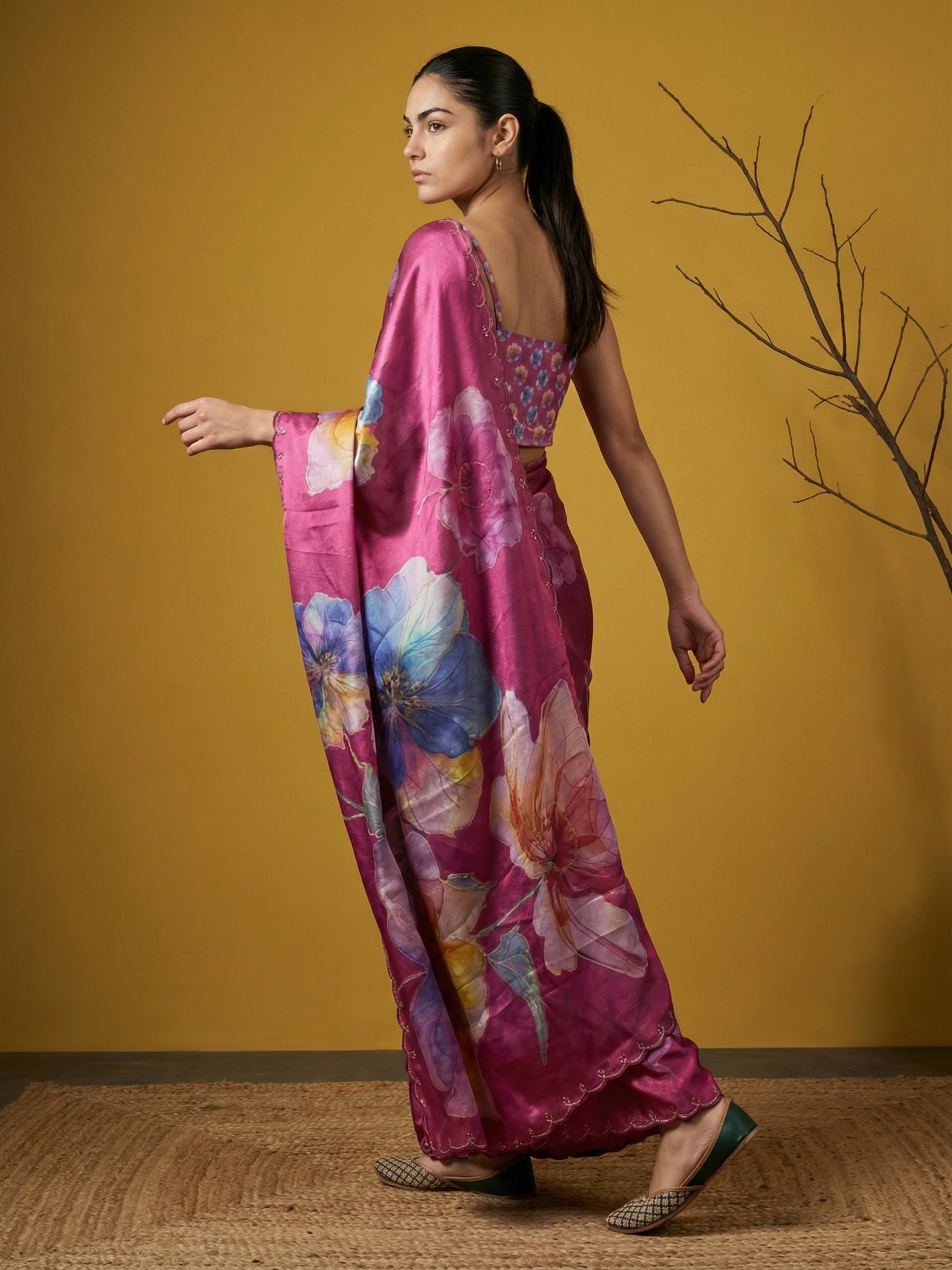 traditional dark pink saree with floral print and embroidery finish