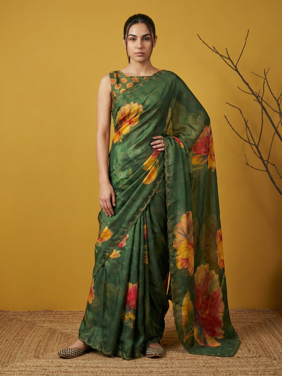 fendy satin saree with vibrant multicolor floral print and embroidery