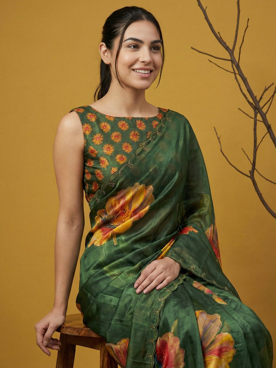 elegant satin saree with cutwork aari handwork border and piping