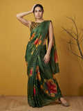 festive floral satin saree with handcrafted embroidery detailing