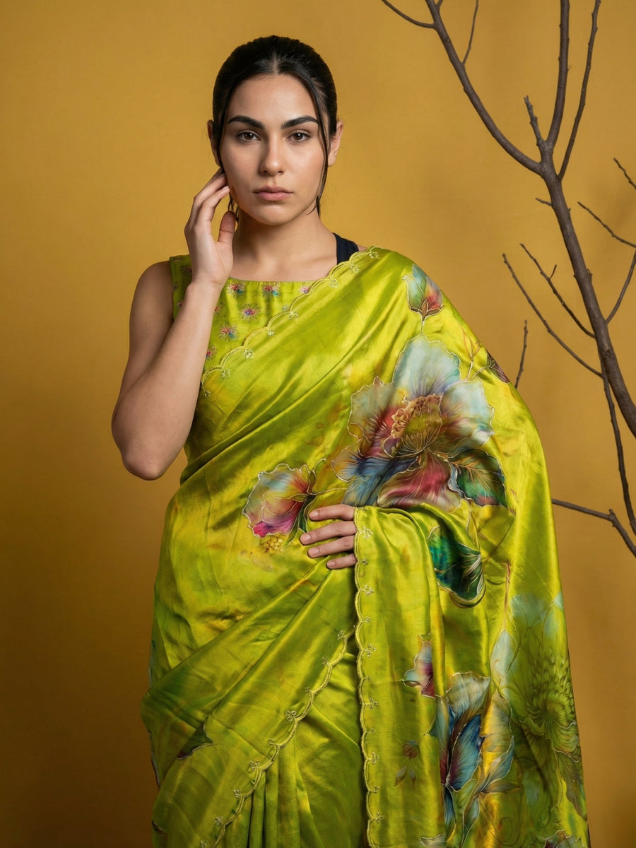 elegant mehendi green satin saree with cutwork aari border and piping