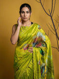 elegant mehendi green satin saree with cutwork aari border and piping