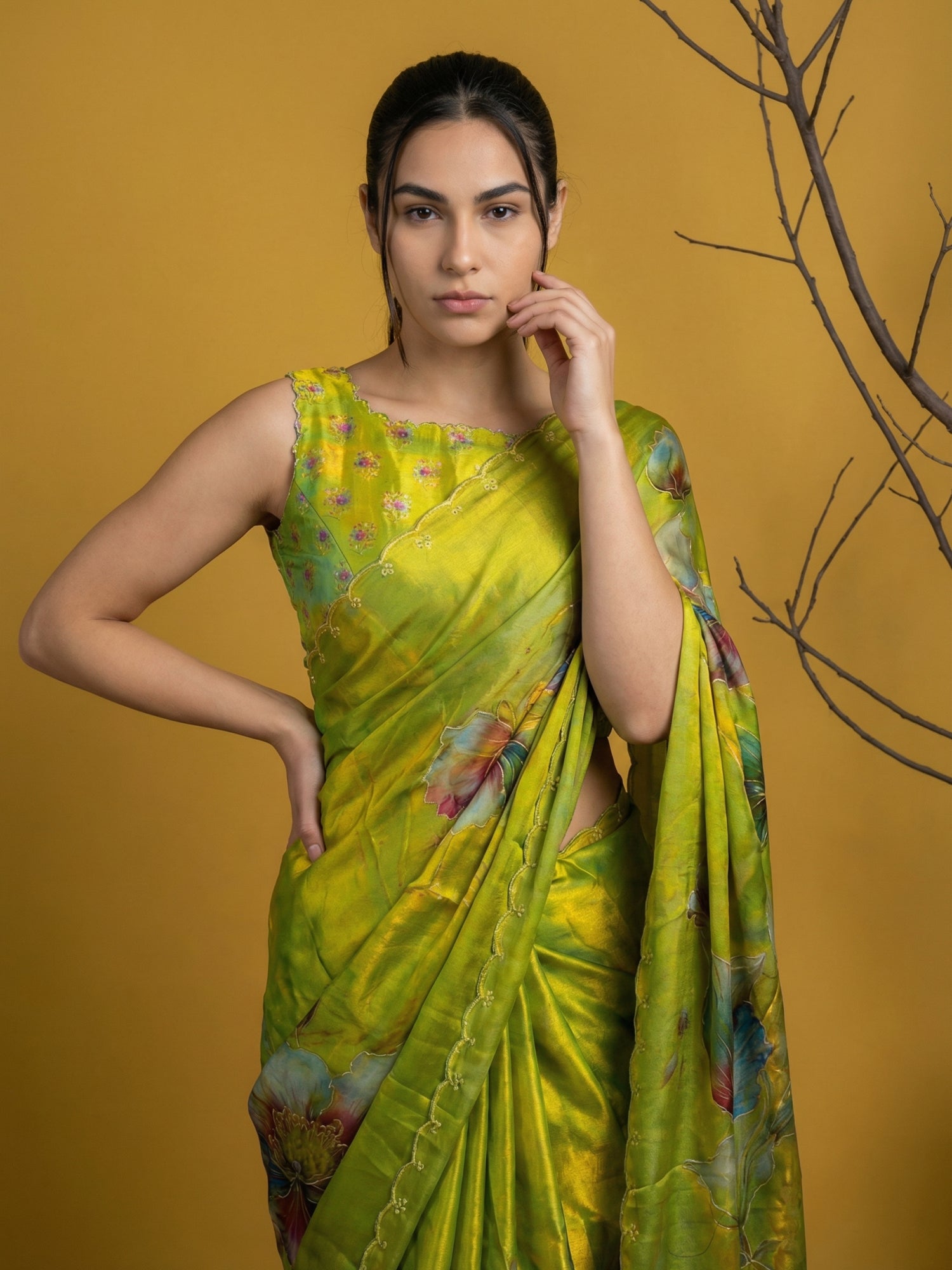 festive wear mehendi green floral saree with detailed embroidery