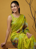designer satin saree in mehendi green with vibrant floral patterns