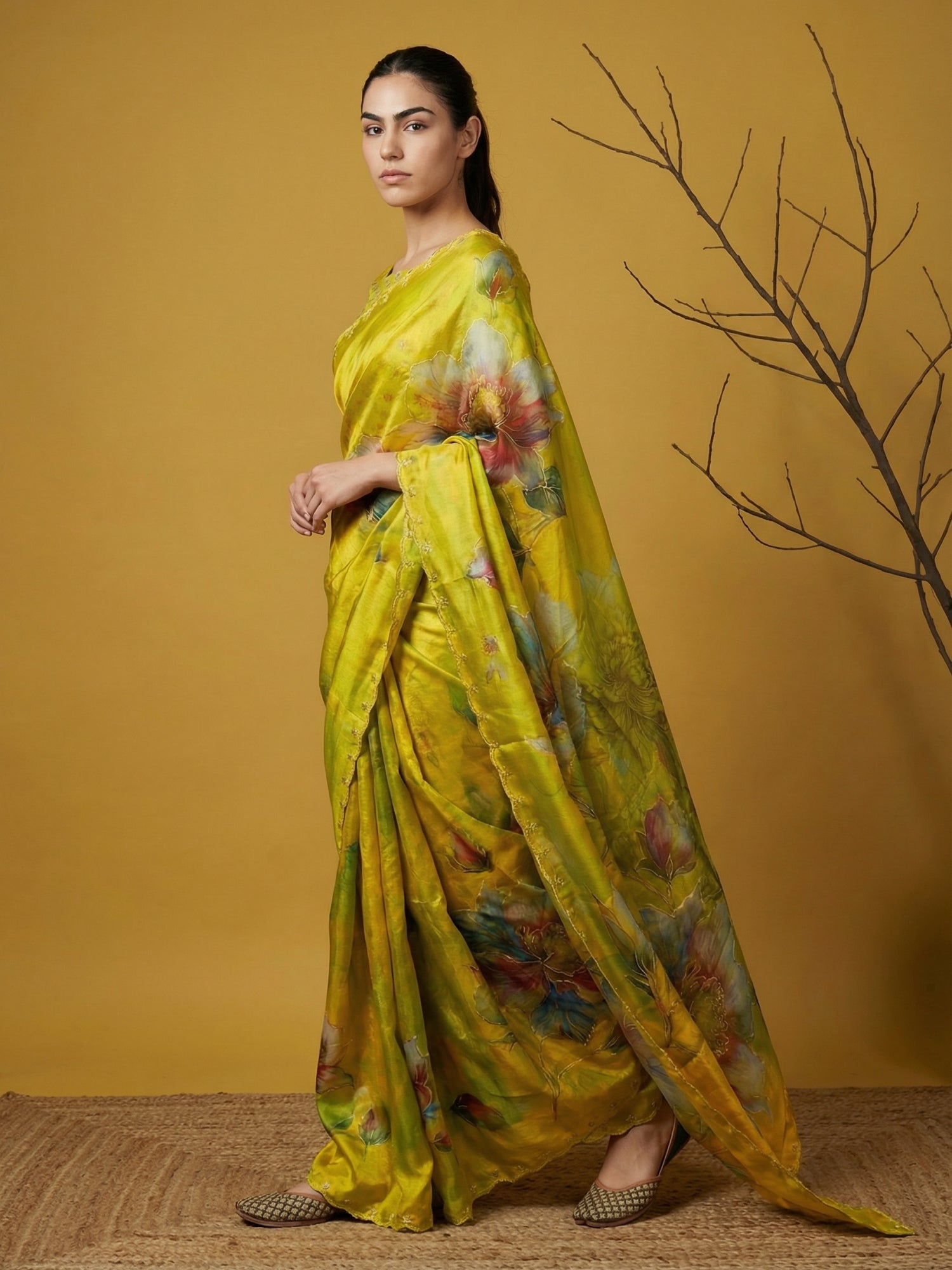 traditional mehendi green saree with floral print and handcrafted border