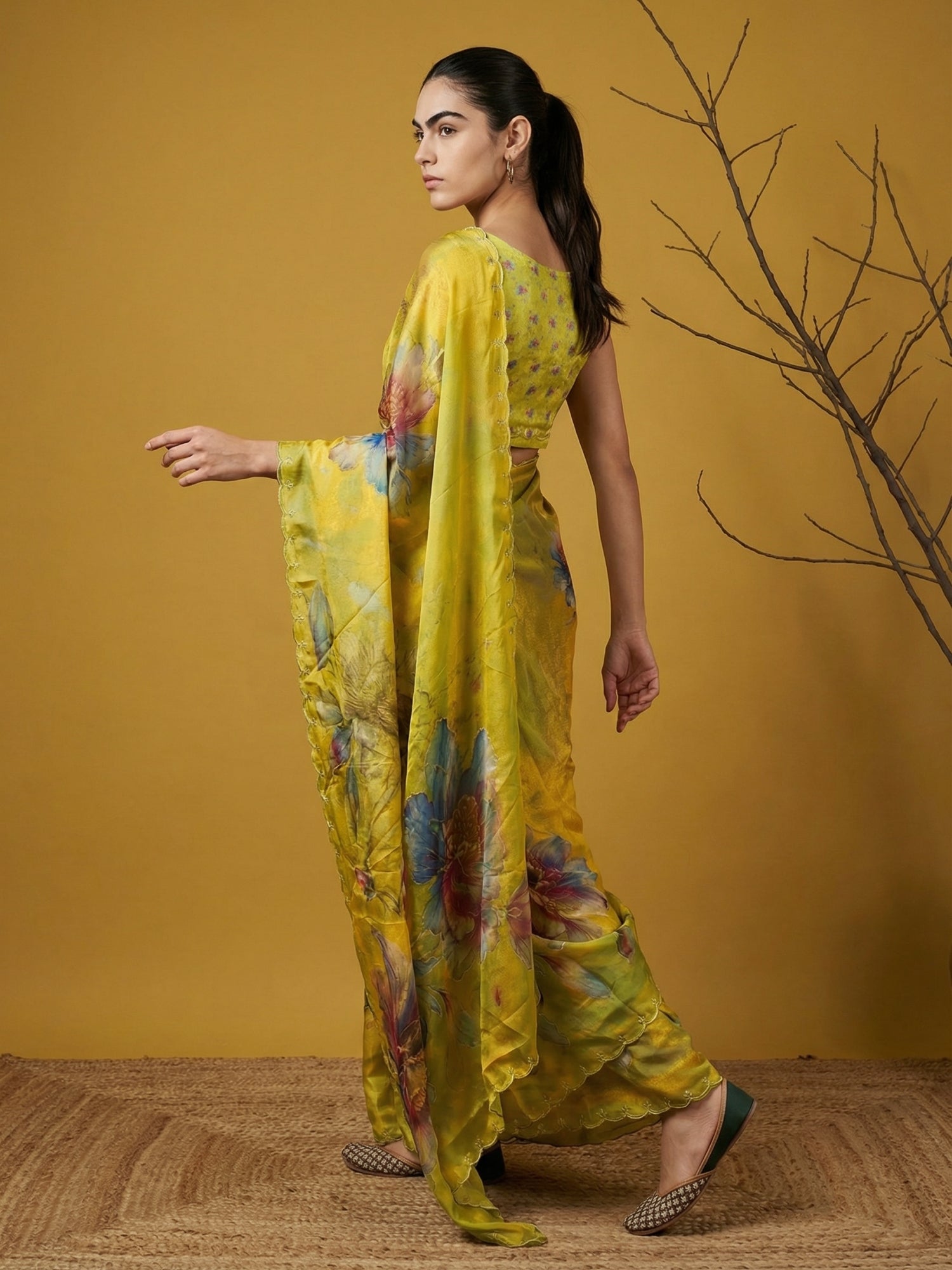 party wear mehendi green saree with smooth satin drape