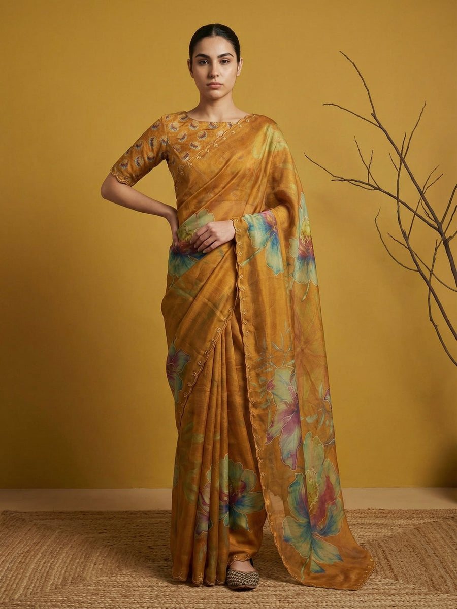 fendy satin saree with floral print and handwork embroidery