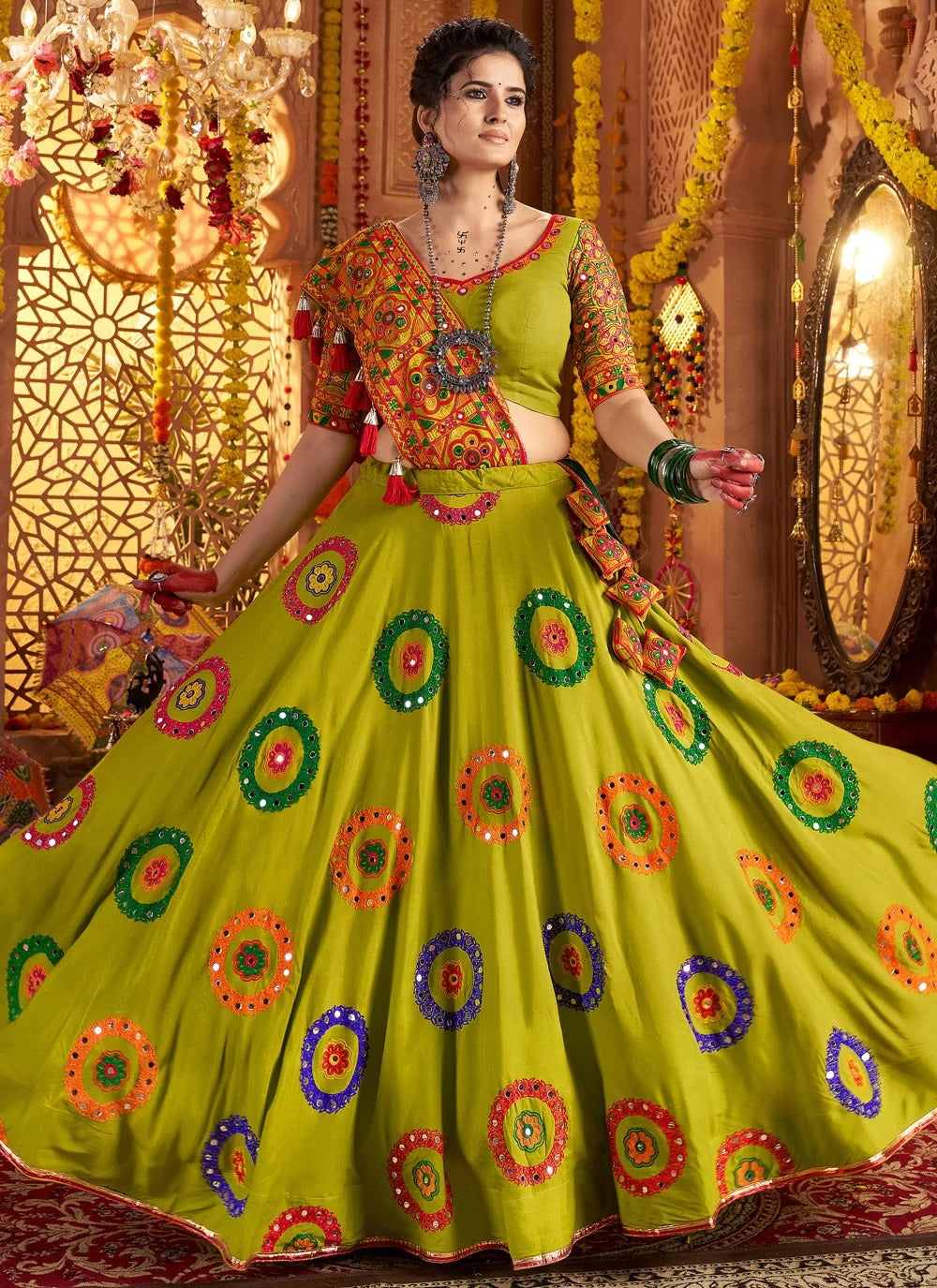 Vibrant Fluorescent Green Mirror Work Navratri Lehenga Choli