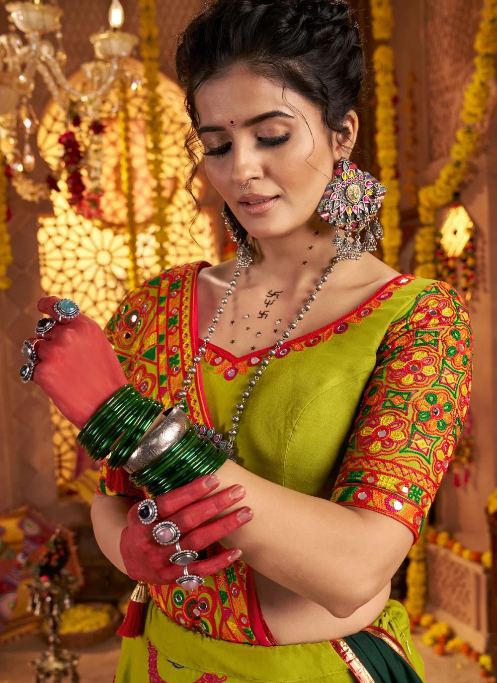Fluorescent Green Viscose Cotton Mirror Work Lehenga Choli for Navratri 2025