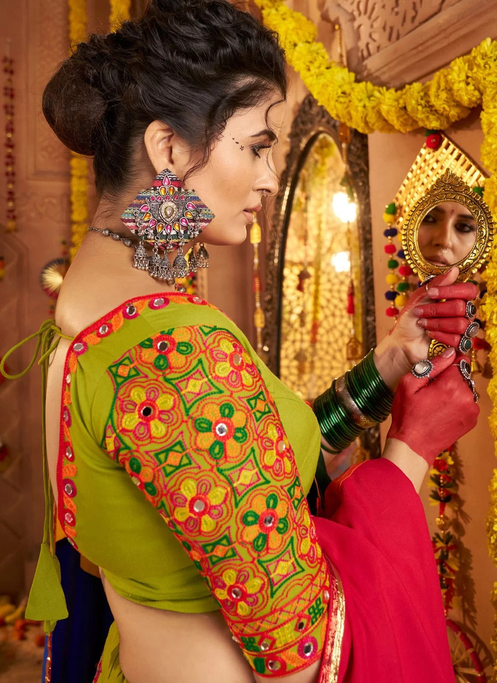 Fluorescent Green Viscose Cotton Mirror Work Lehenga Choli for Navratri 2025