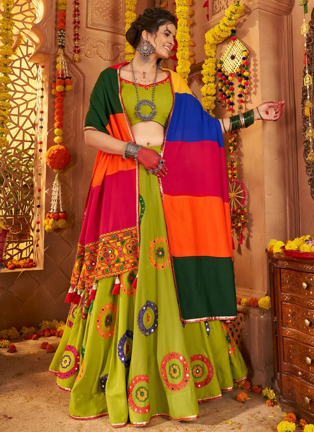 Fluorescent Green Viscose Cotton Mirror Work Lehenga Choli for Navratri 2025