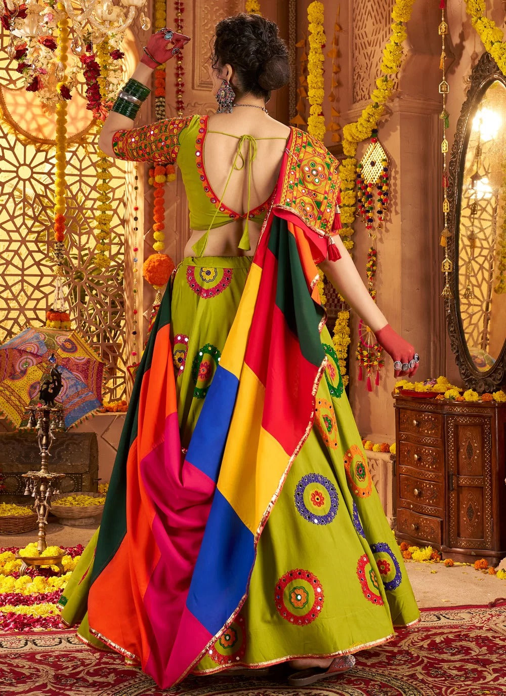 Fluorescent Green Mirror Work Navratri Lehenga Choli – 2025 Festive Collection | Gunj Fashion