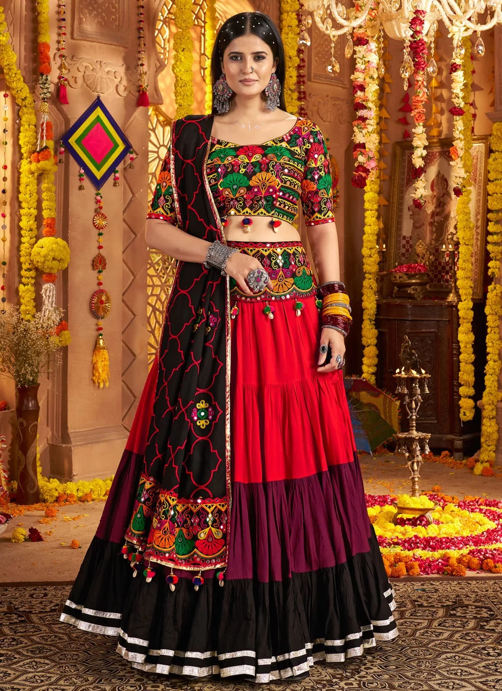Vibrant Multi-Color Mirror Work Viscose Cotton Navratri Chaniya Choli with Waist Belt