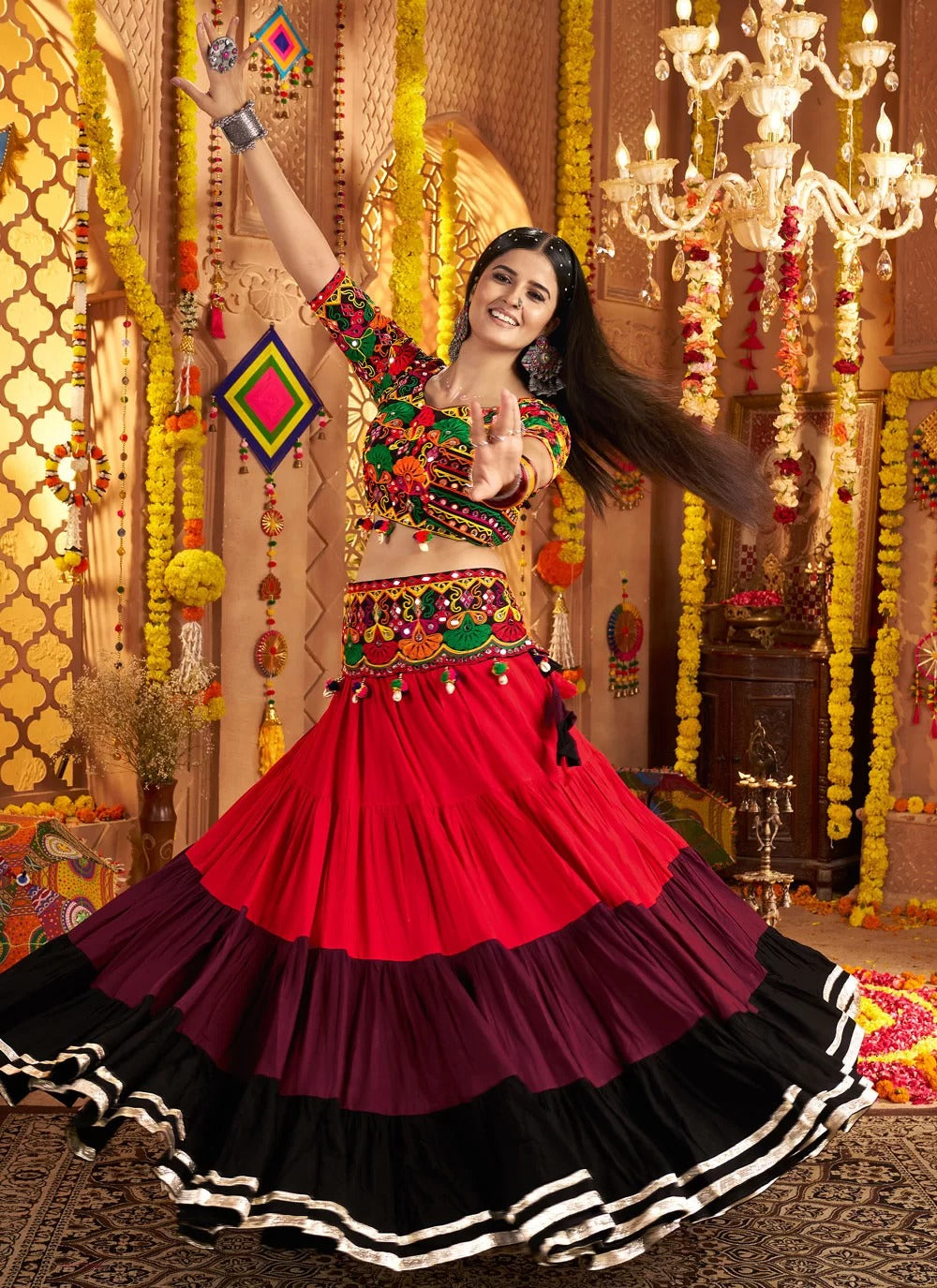 Multi-Color Mirror Work Navratri Chaniya Choli with Waist Belt – Viscose Cotton Fabric