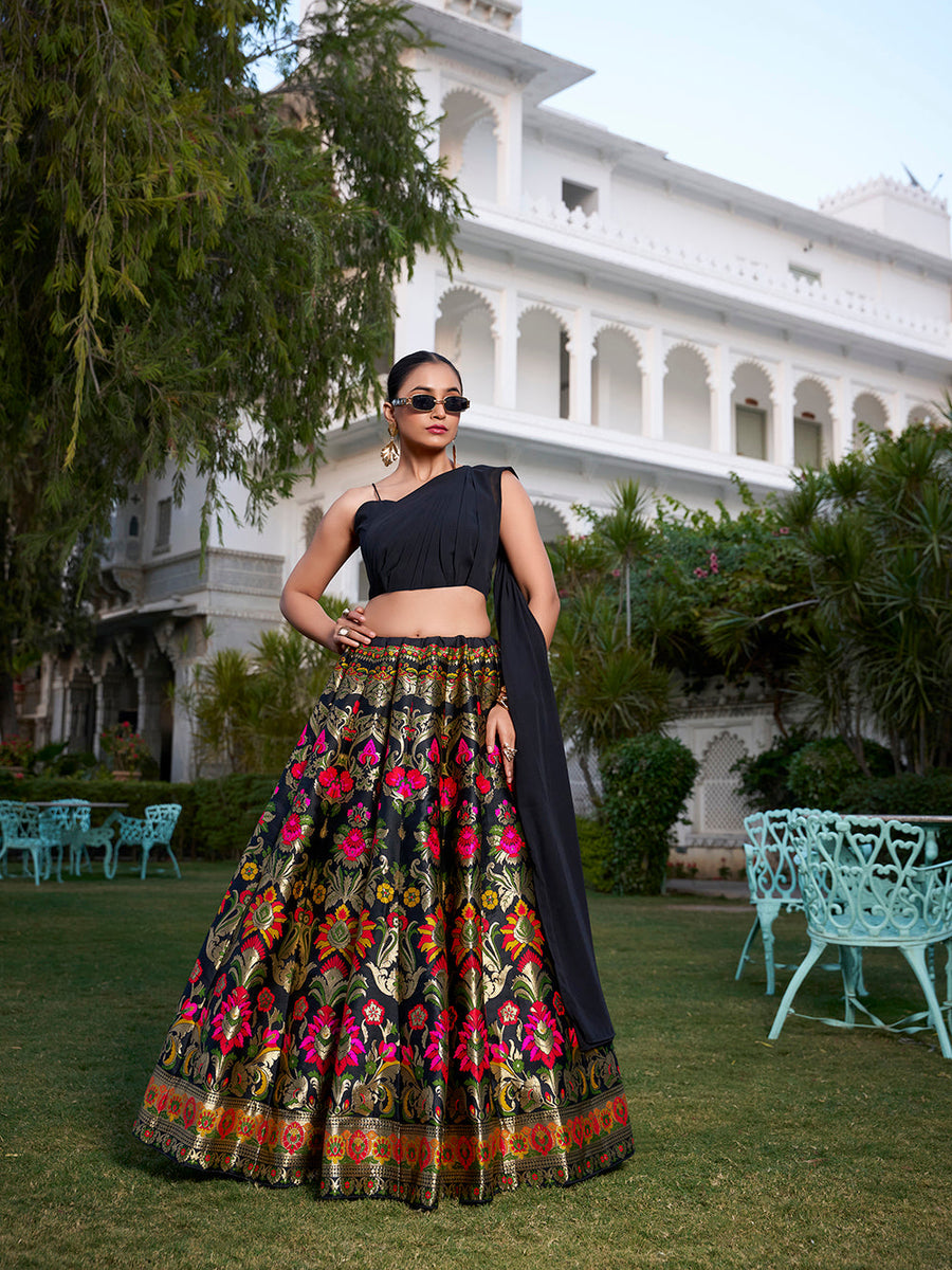 Black Banarasi silk crop top lehenga with zari weaving
