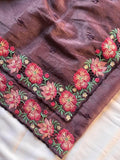 Wine Pure Crush Silk Multicolor Floral Designer Embroidered Saree