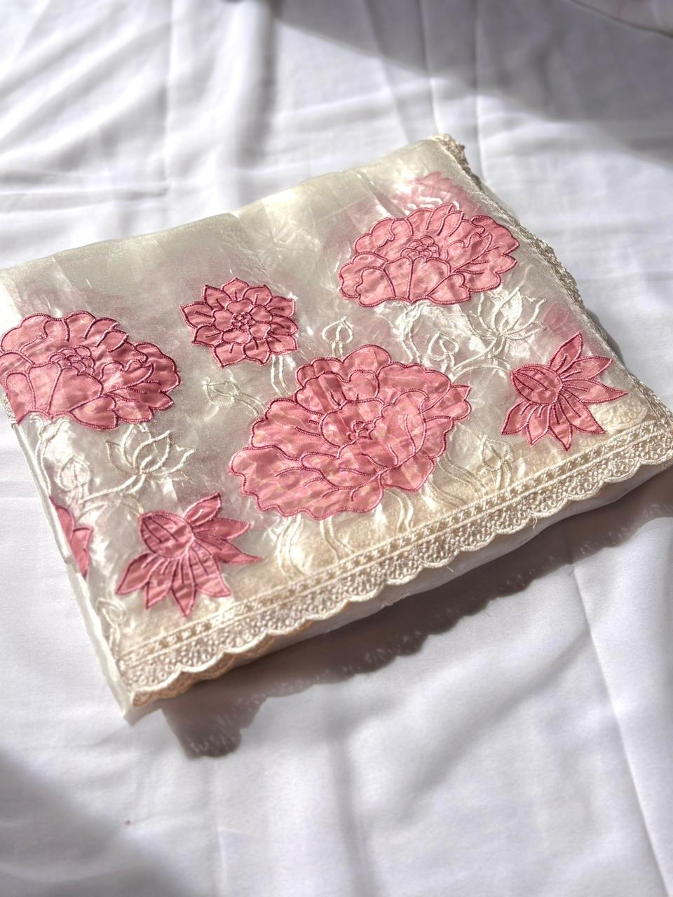 White Pure Oris Silk Applique Work Designer Saree