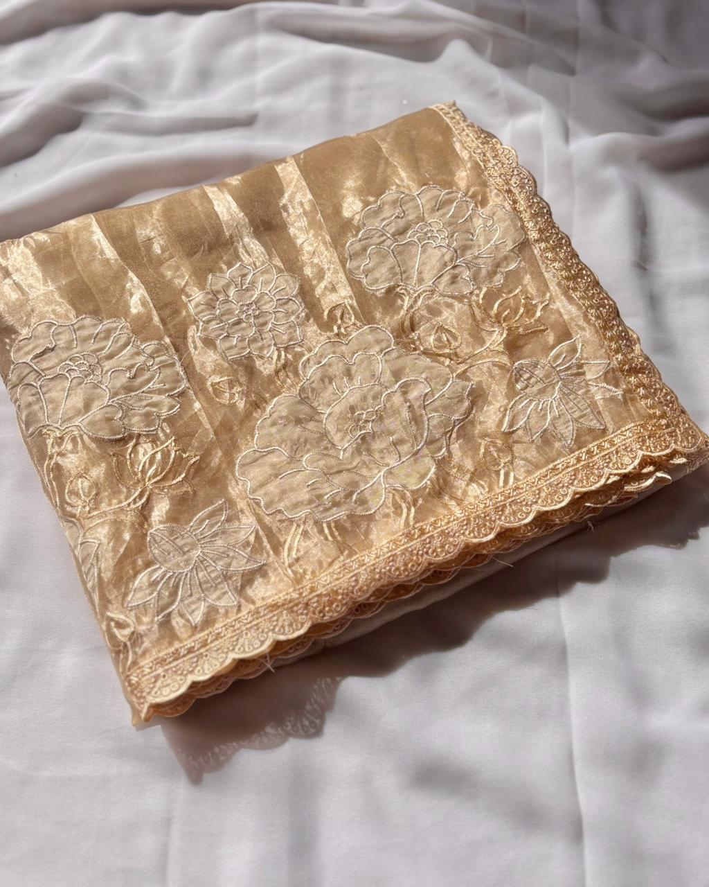 Yellow Pure Oris Silk Applique Work Designer Saree