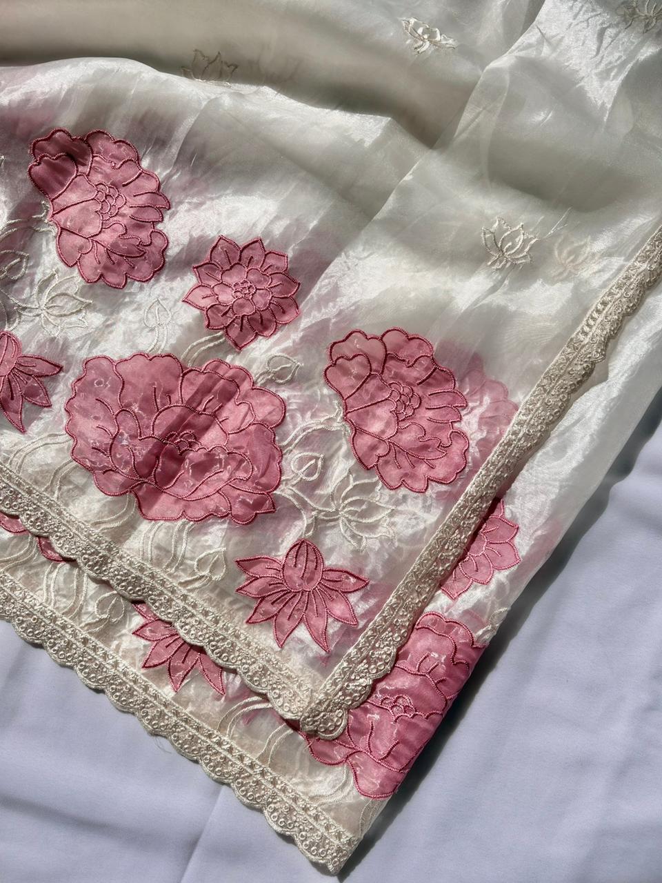 White Pure Oris Silk Applique Work Designer Saree