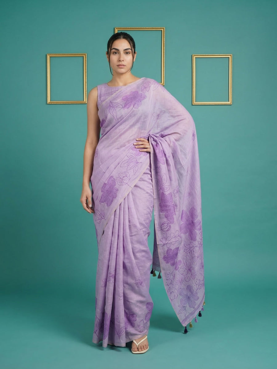 lavender muga cotton saree with elegant pencil art detailing