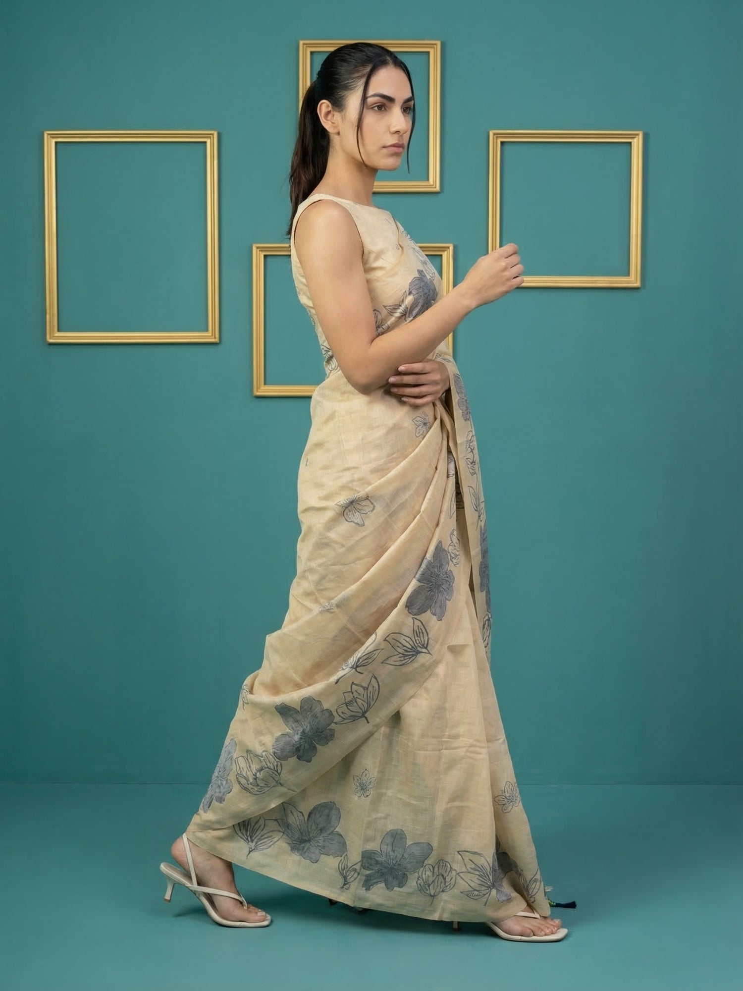 designer chikoo saree with subtle ethnic pencil art work