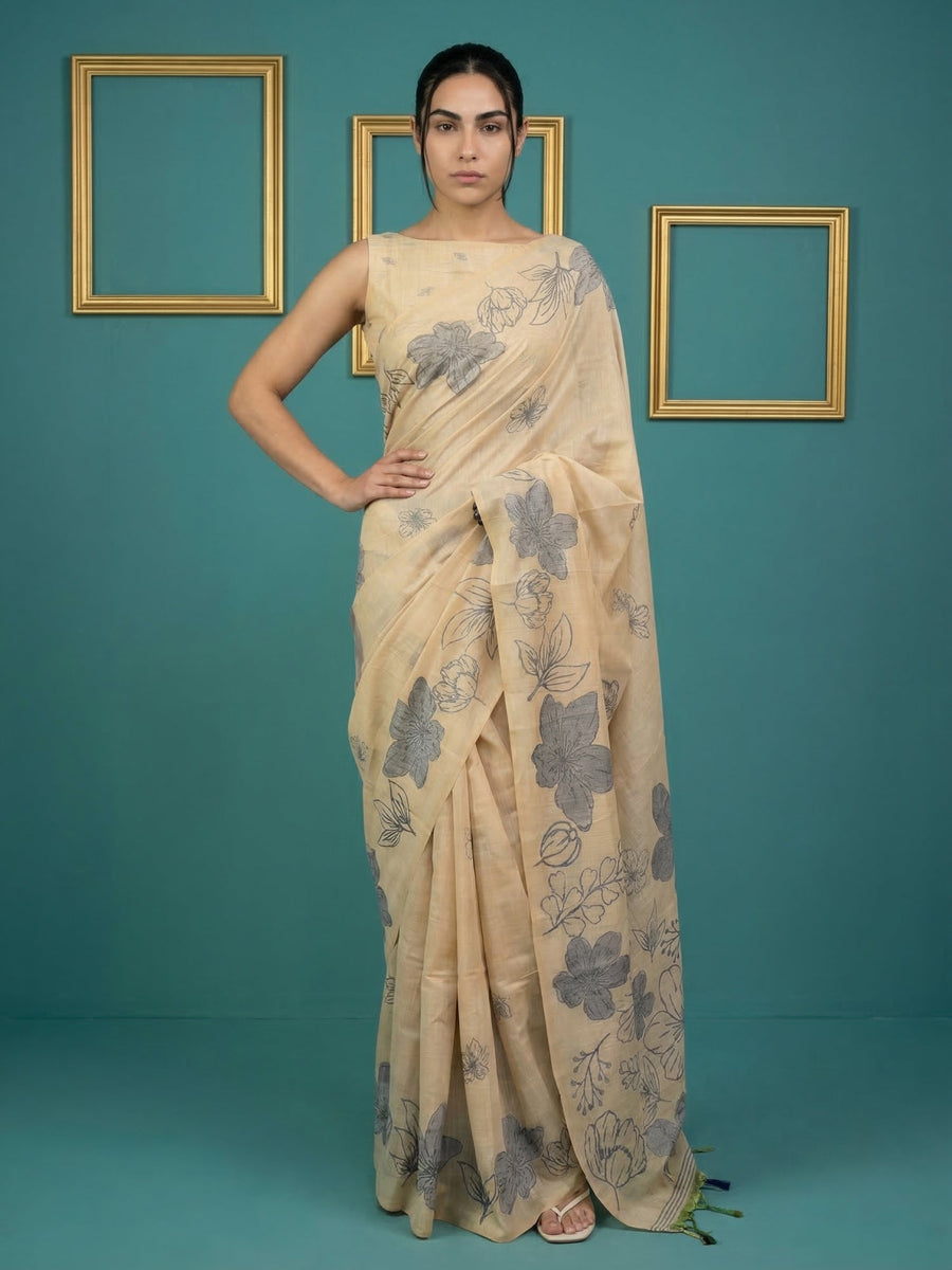 chikoo muga cotton saree with elegant pencil art design