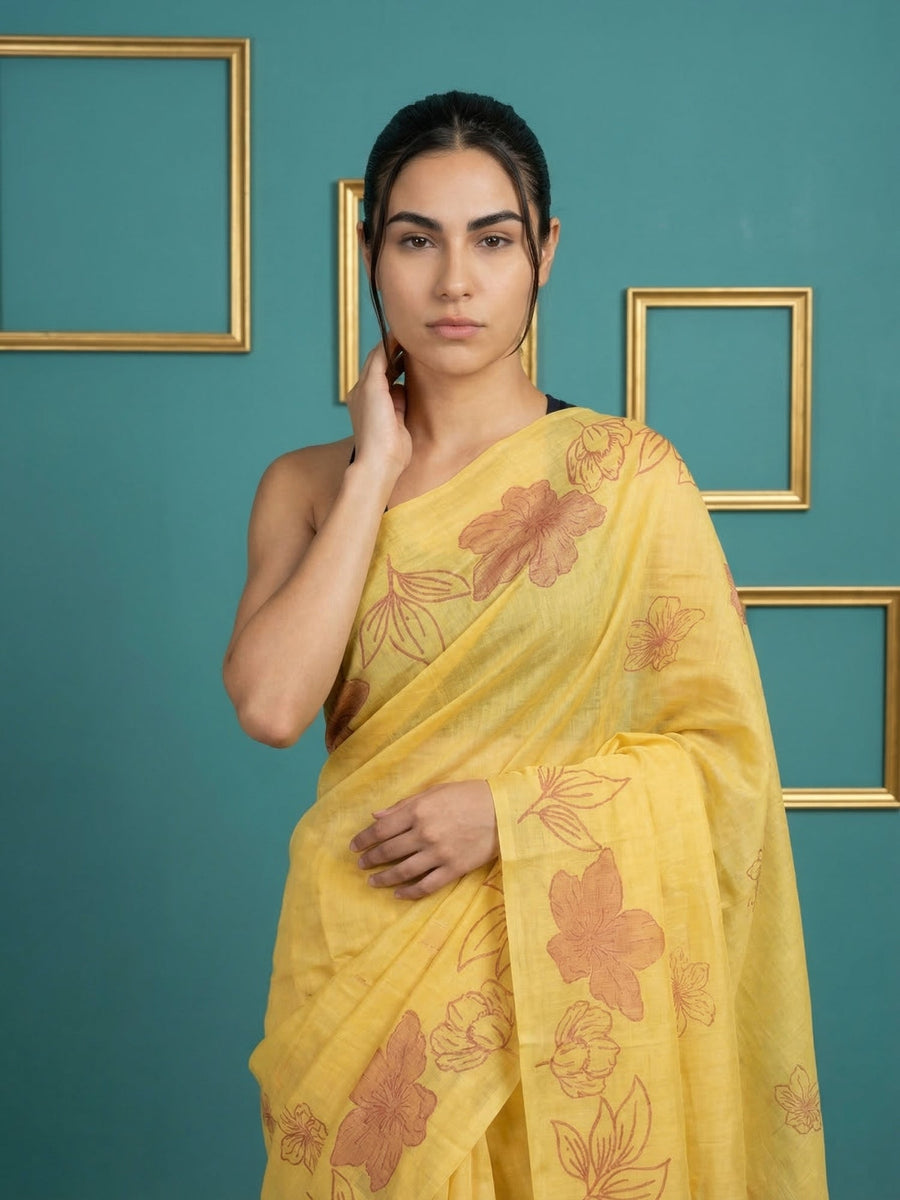 artistic yellow cotton saree perfect for office and daily wear