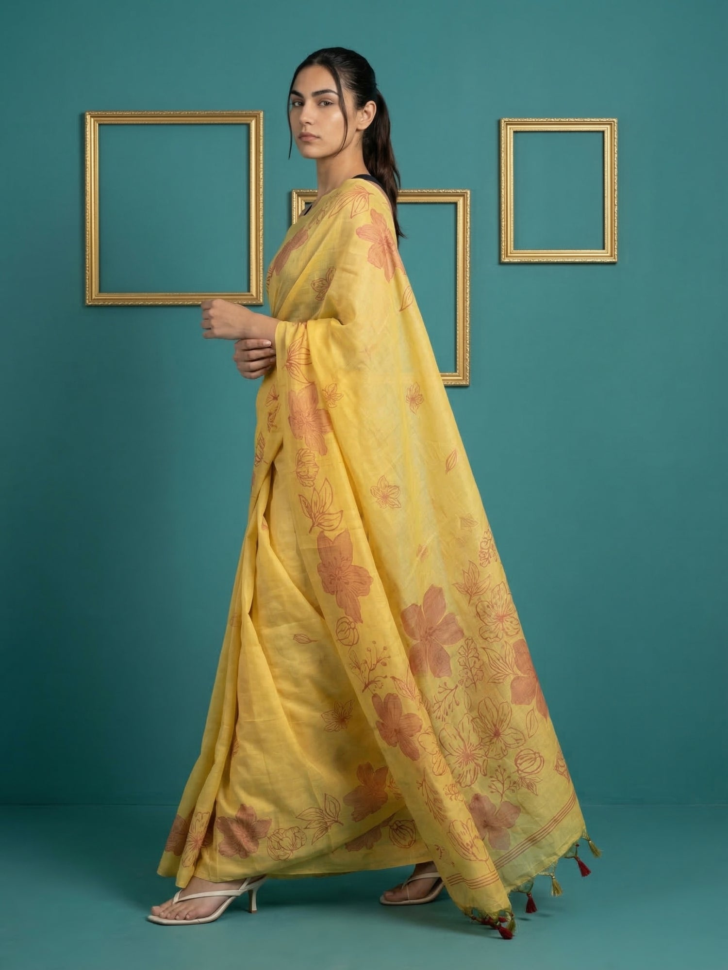 festive yellow saree with soft texture and handcrafted art work