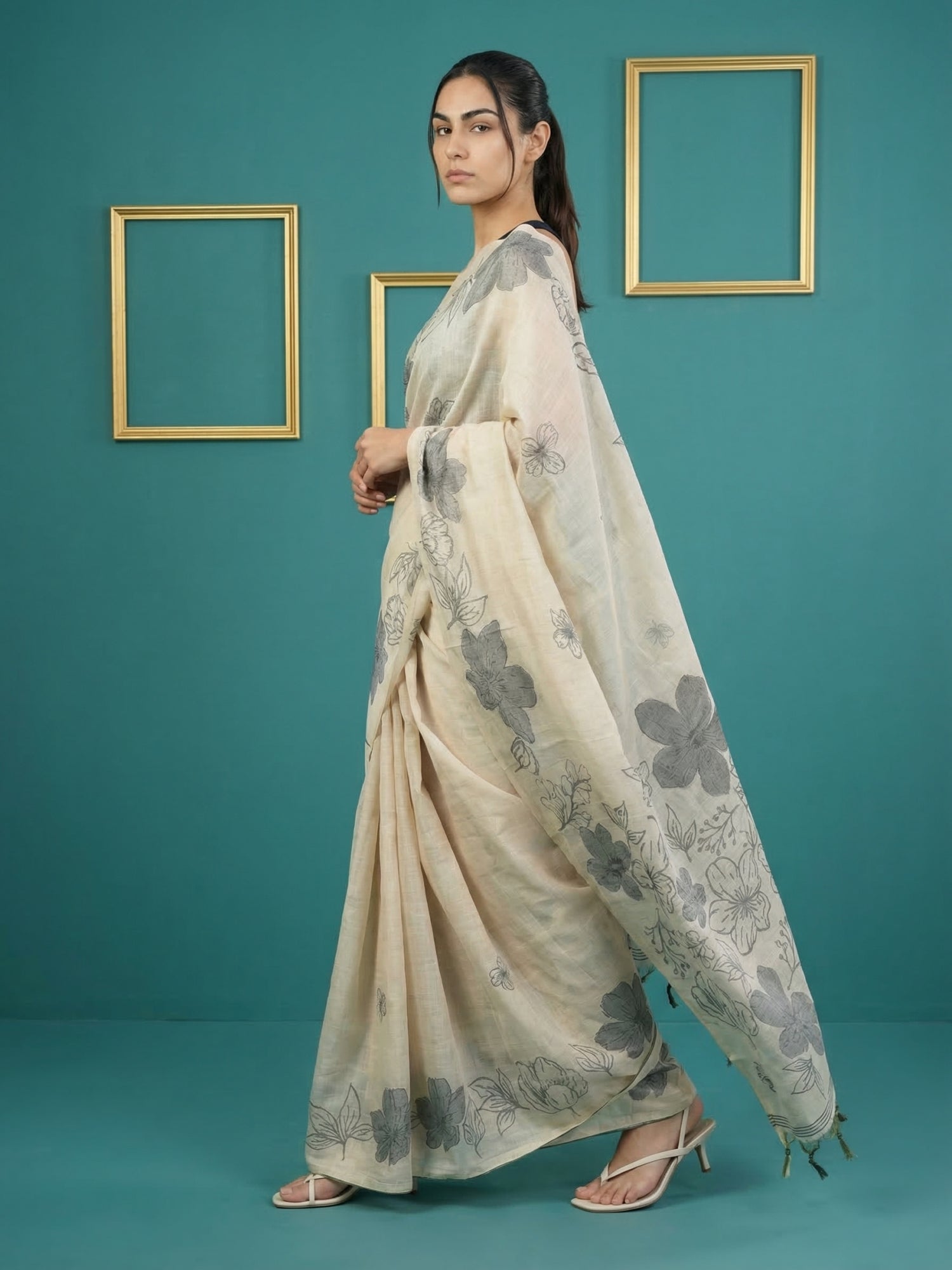 festive white saree with soft texture and handcrafted art work