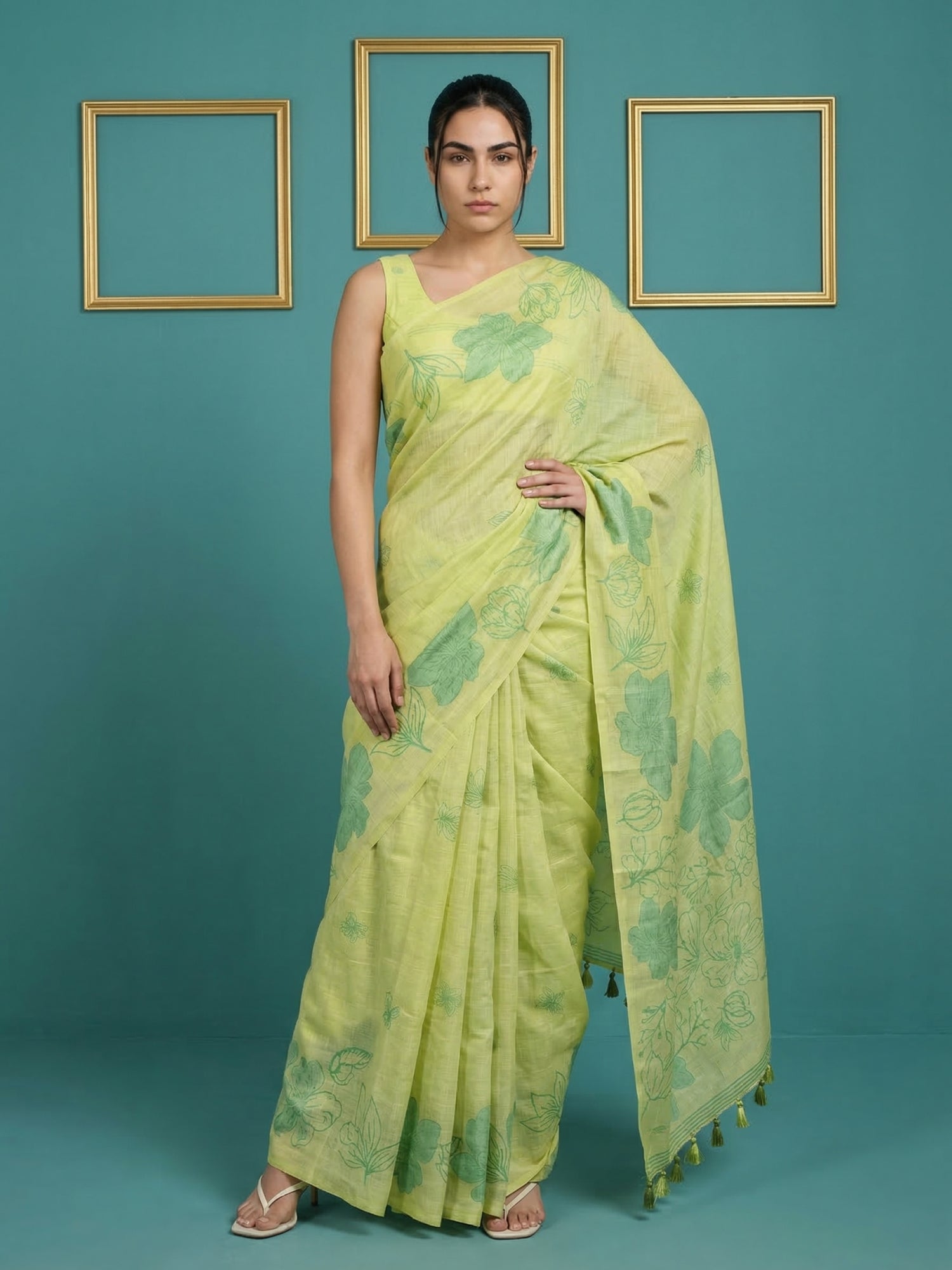 green muga cotton saree with elegant pencil art detailing