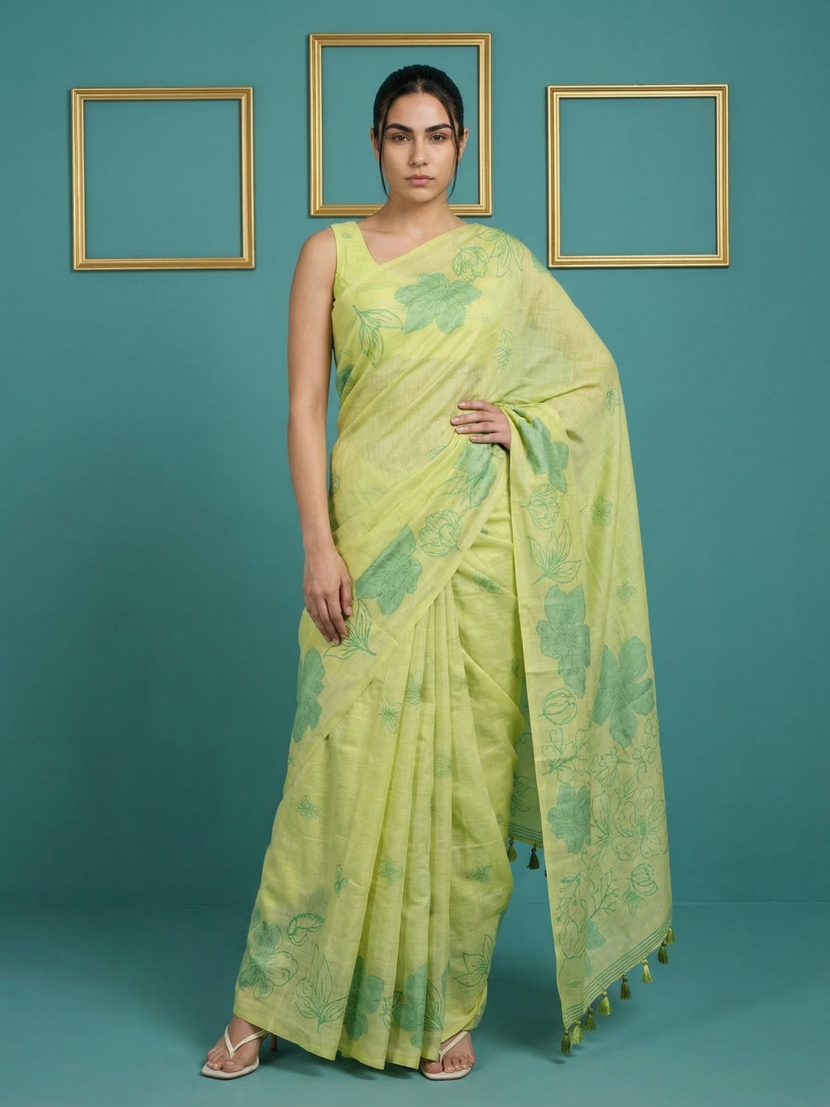 green muga cotton saree with elegant pencil art detailing