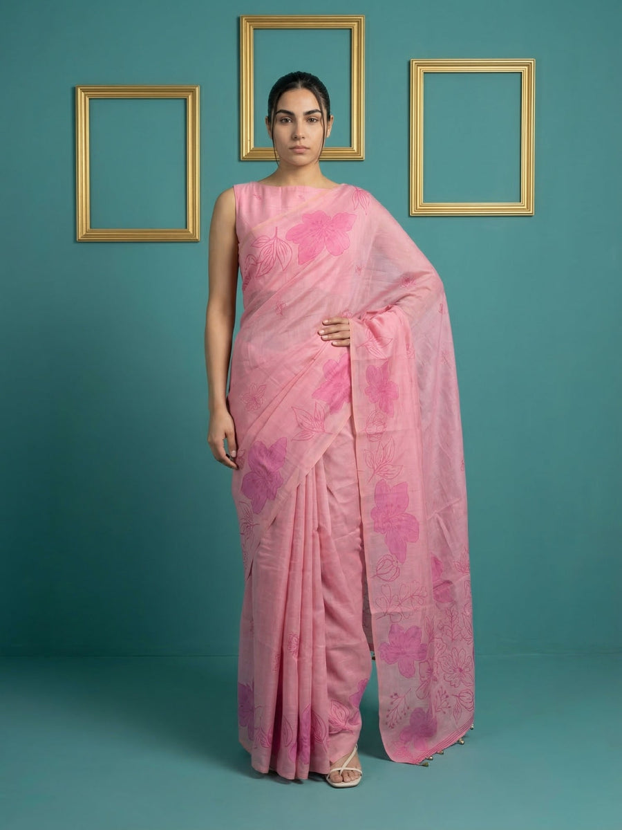 pink muga cotton saree with elegant pencil art detailing