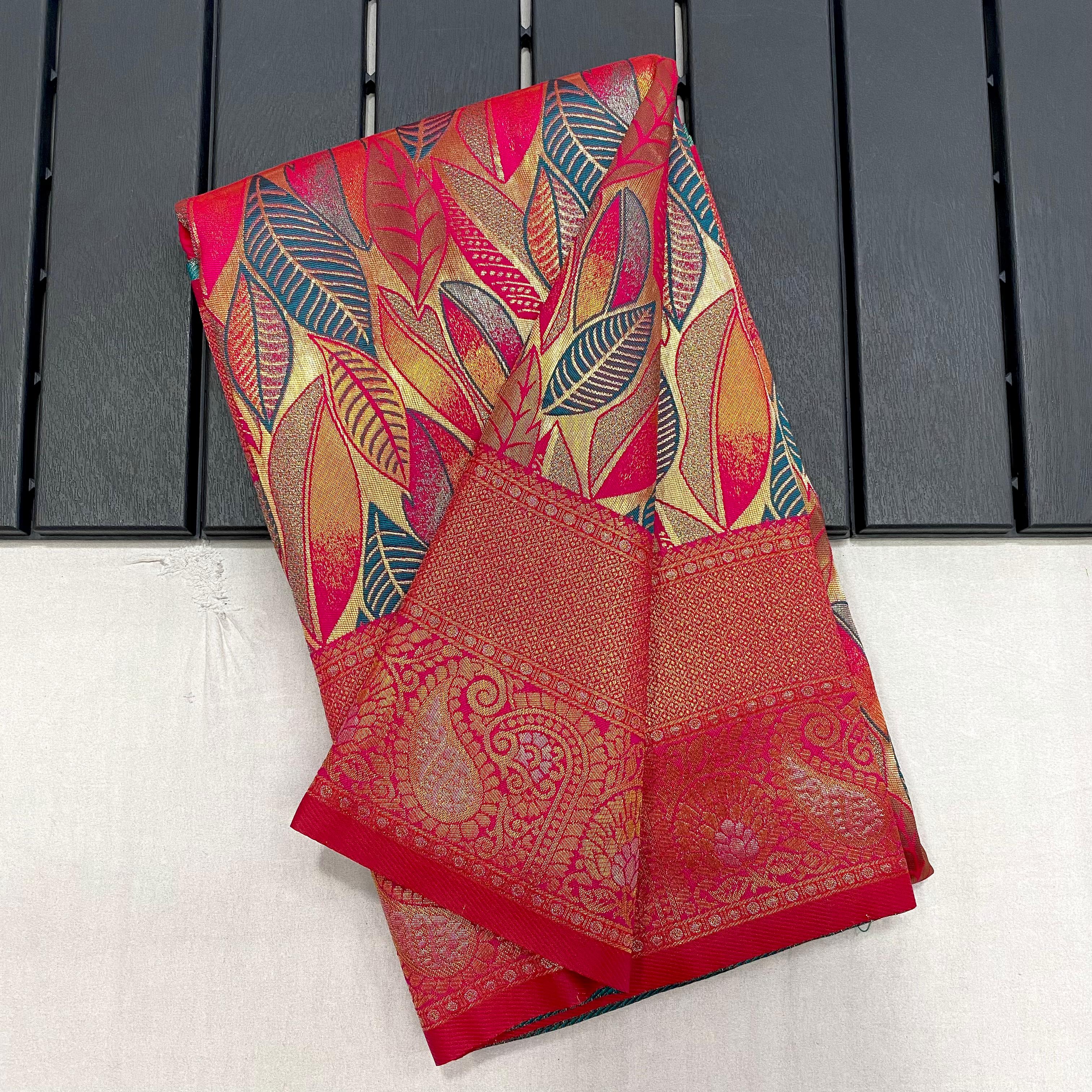 Pink Kanchipattu Silk Party Wear Saree with All-Over Weaves & Contrast Border