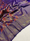 Purple and gold patterned fabric on a white background