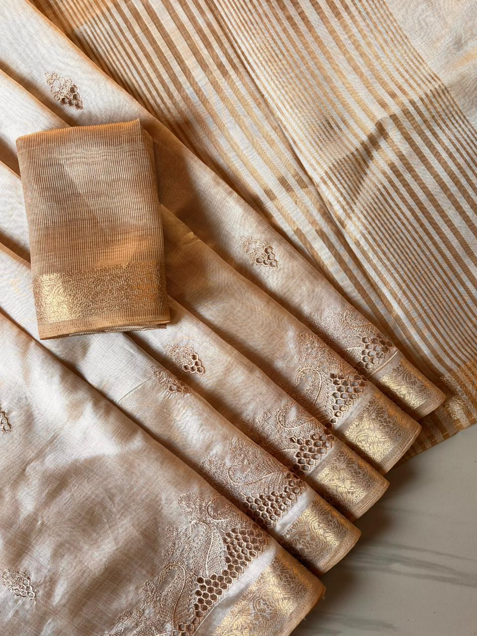 Chickoo Designer Tussar Silk Cutwork Chit Pallu Embroidered Saree