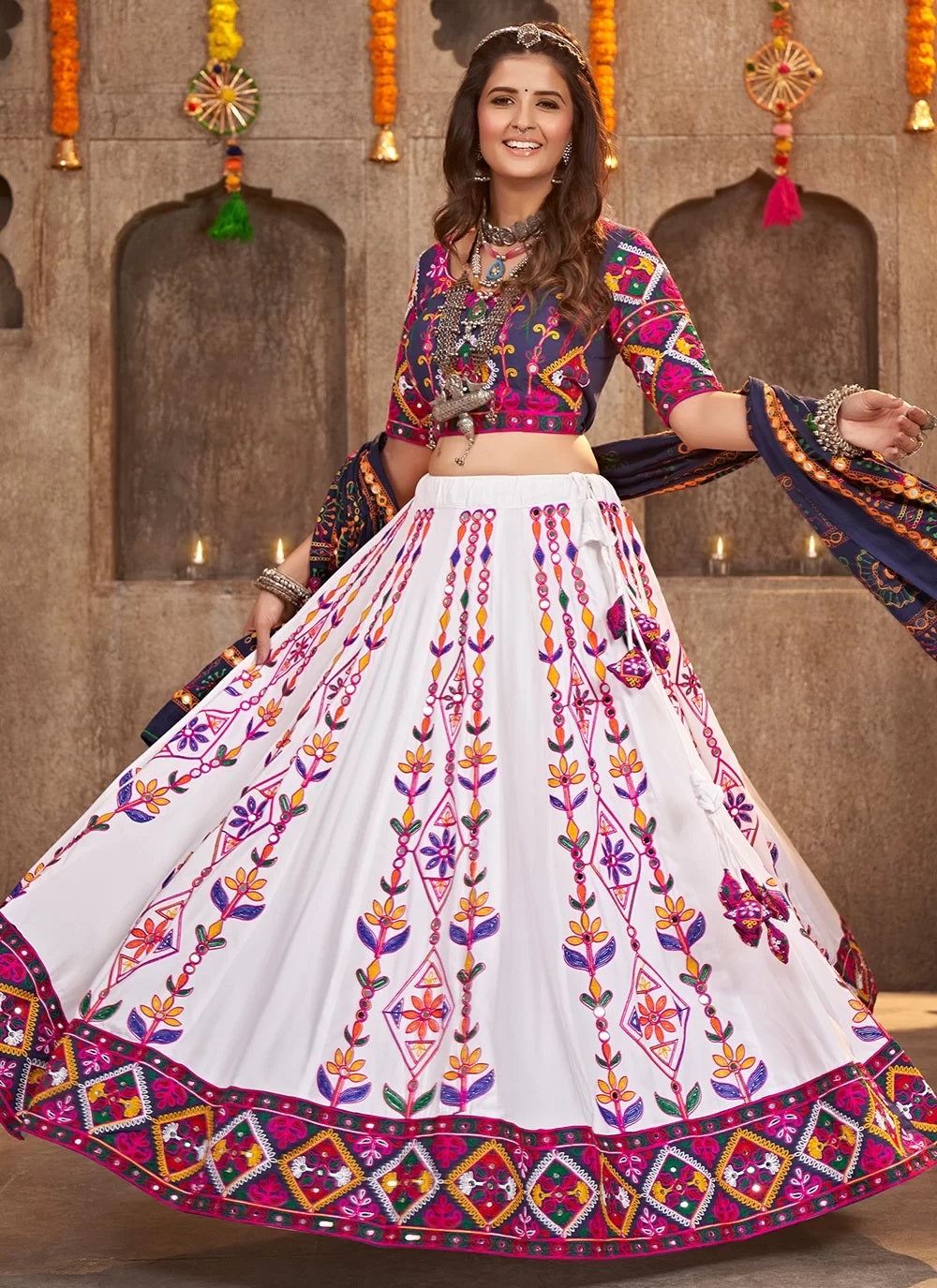 White Embroidered Navratri Chaniya Choli For Women