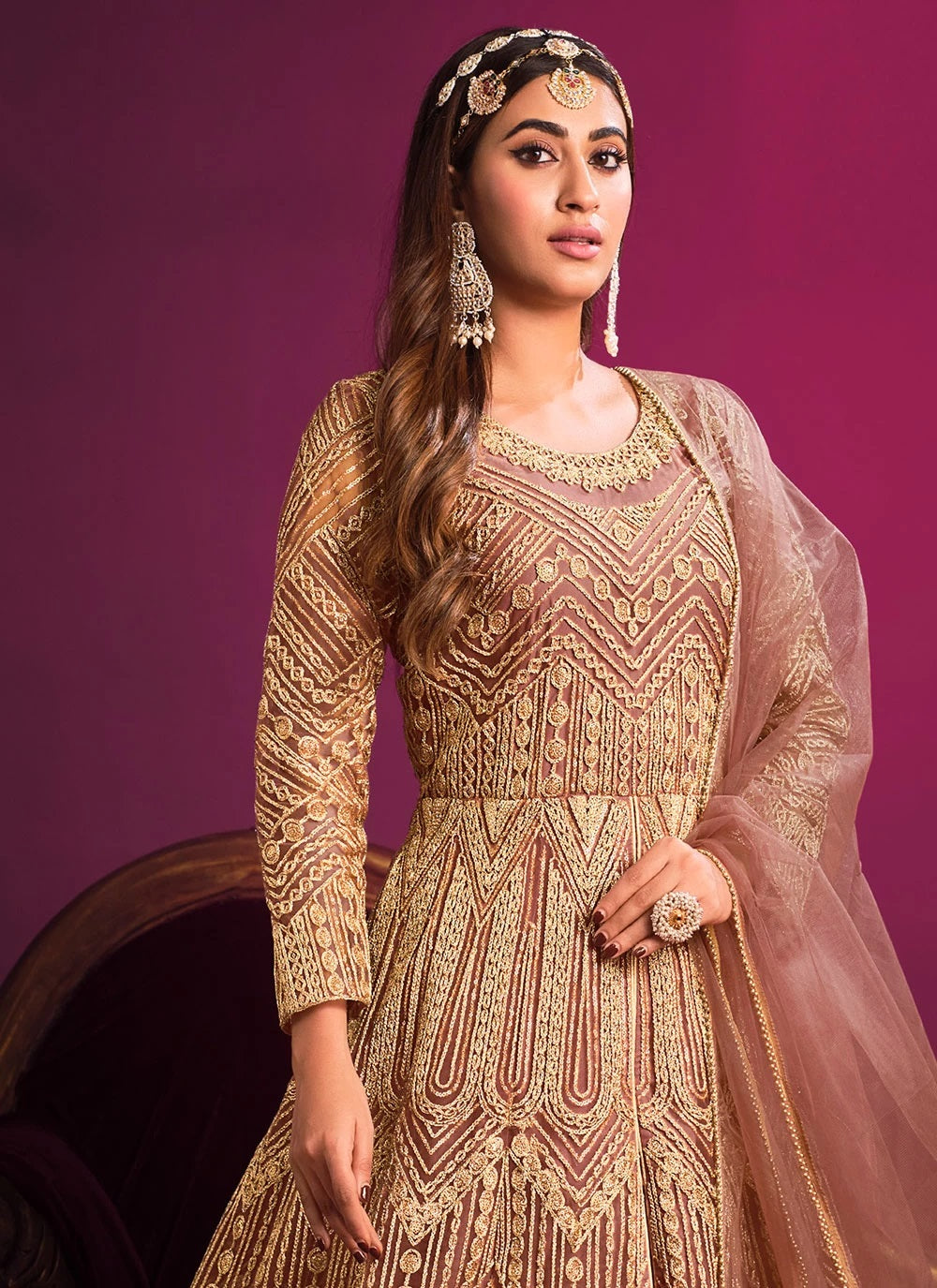 Adorable Brown Net Sequins Embroidery Anarkali Suit