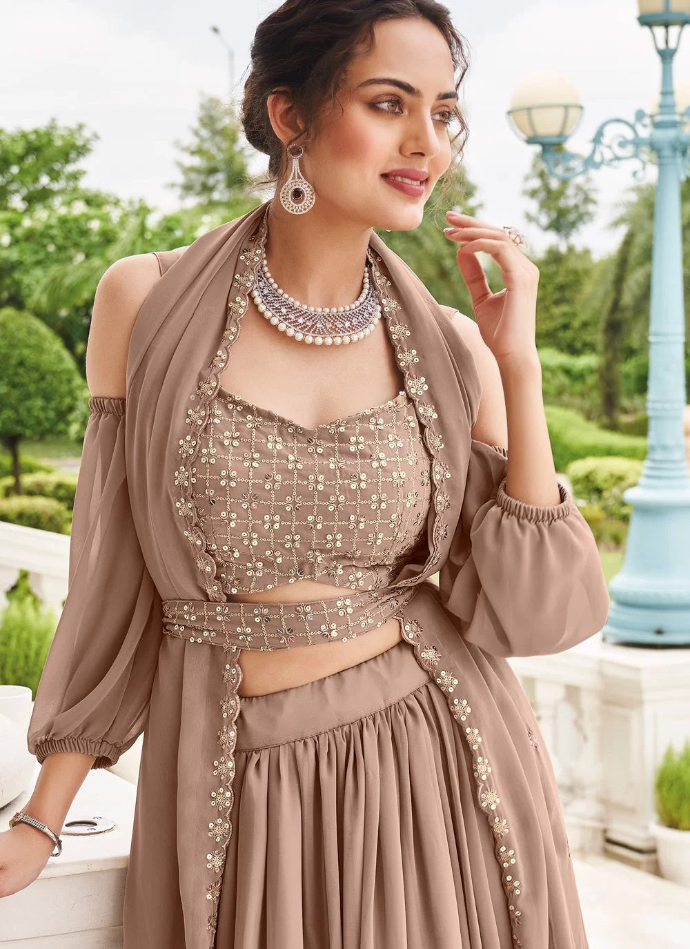 Adorable Brown Sequins Georgette Reception Wear Lehenga Choli