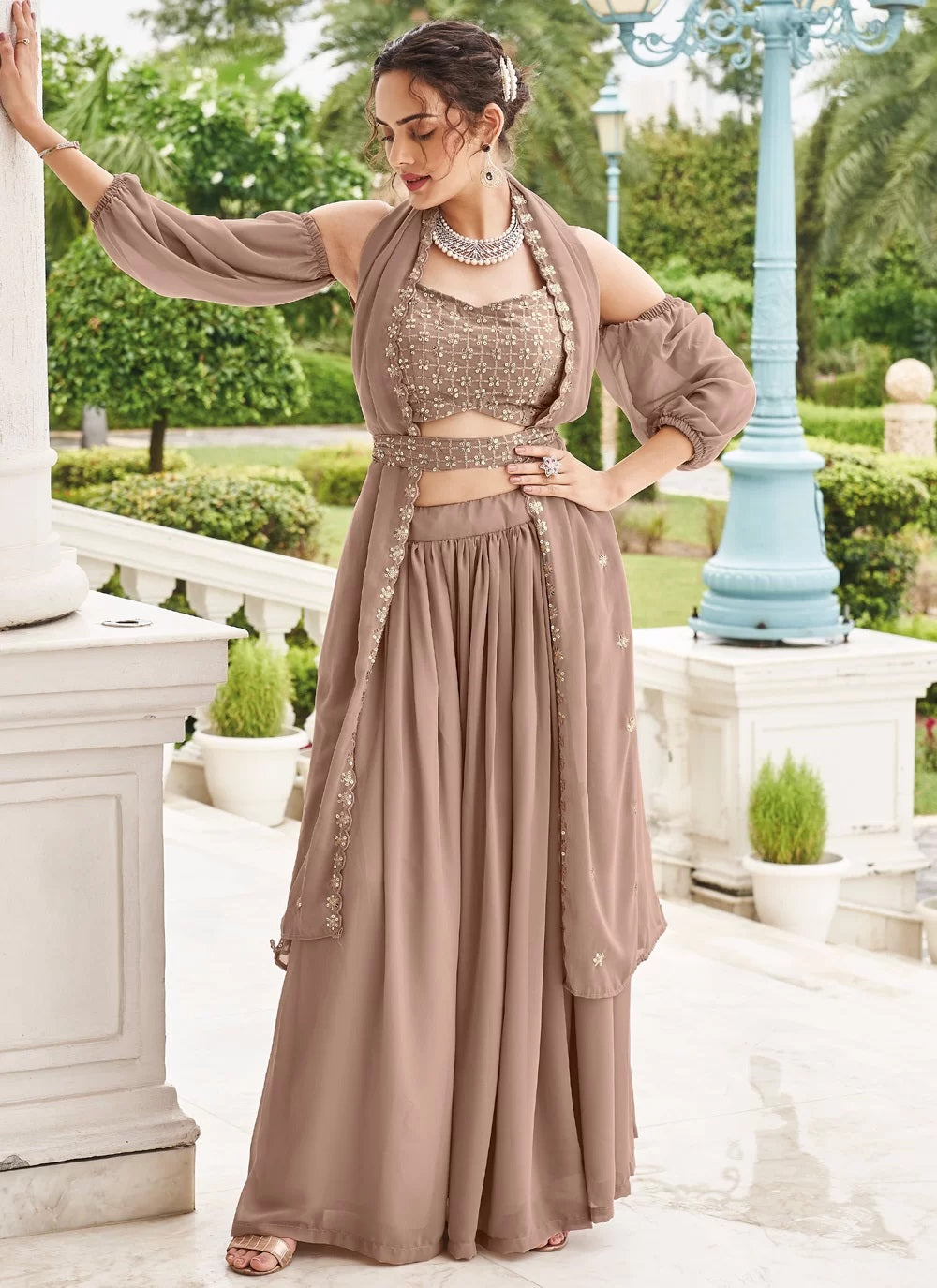 Buy Readymade Lehenga | Adorable Brown Sequins Georgette Reception Wear Lehenga Choli Buy Readymade Lehenga | Adorable Brown Sequins Georgette Reception Wear Lehenga Choli