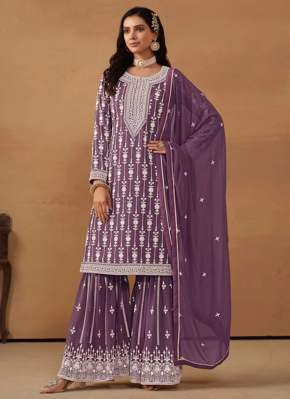 Adorable Embroidered Faux Georgette Sharara Salwar Kameez