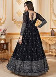 Adorable Faux Georgette Foil Work Readymade Anarkali Gown In Navy Blue